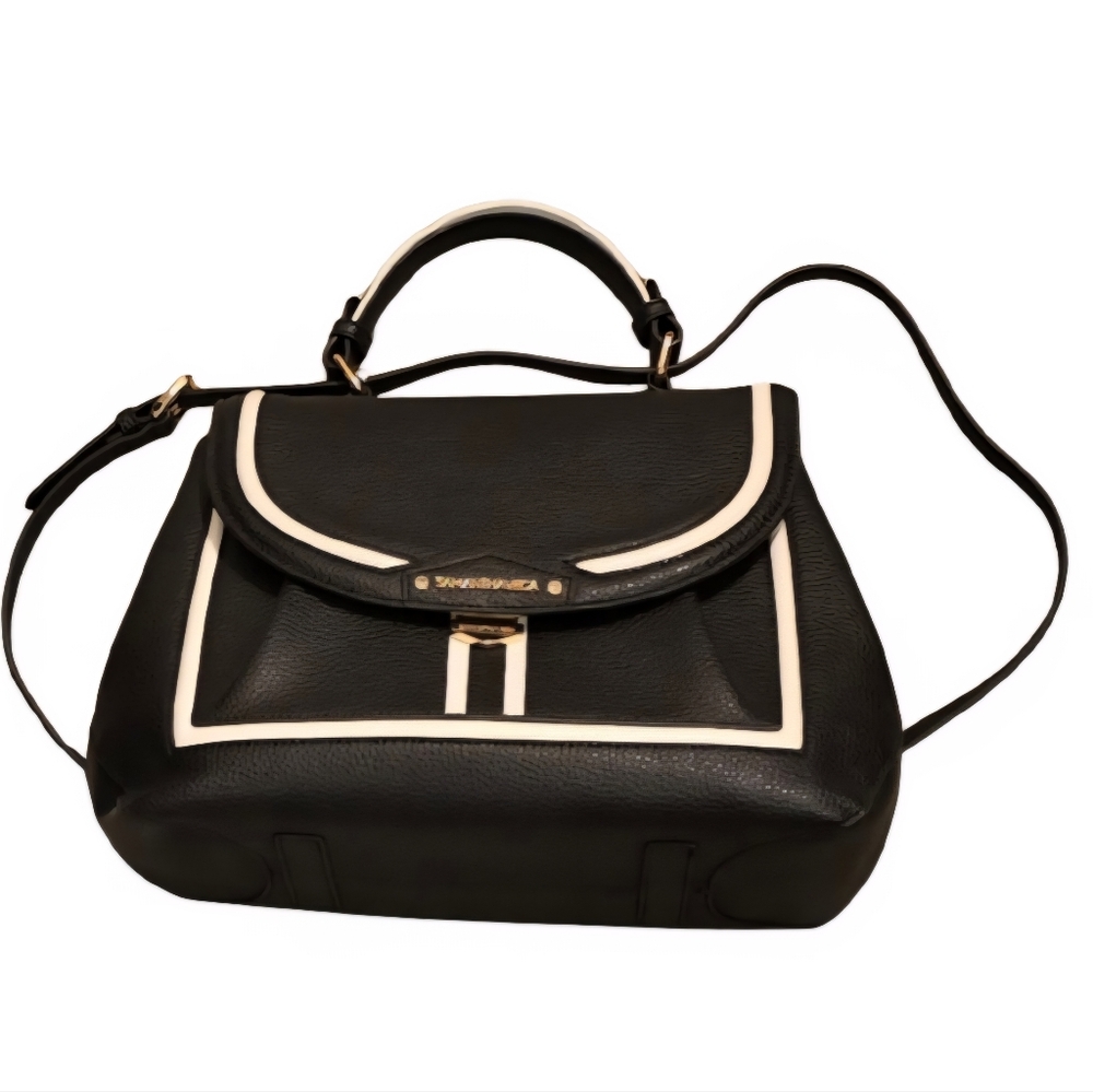 Samantha Vega B+W Leather Structured Satchel Crossbody Bag Tennis Lining